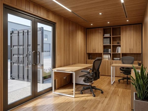 Design visualisation of a container office interior with wood-panelled walls and ceiling, two desks with black office chairs, wooden cupboards and open shelving, ceiling lights and a glazed double door
