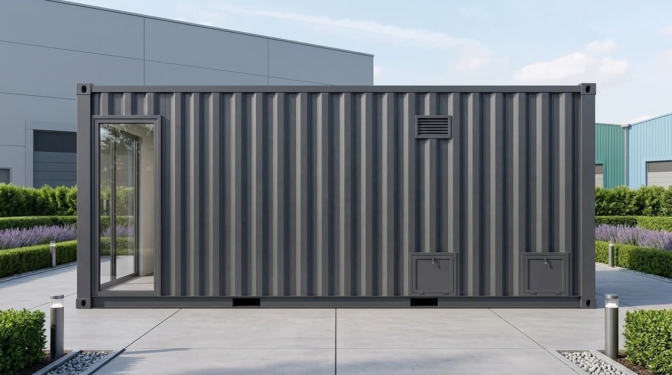Long side of a dark grey corrugated container office with a tall glazed panel at one end, a louvred vent and two low access hatches