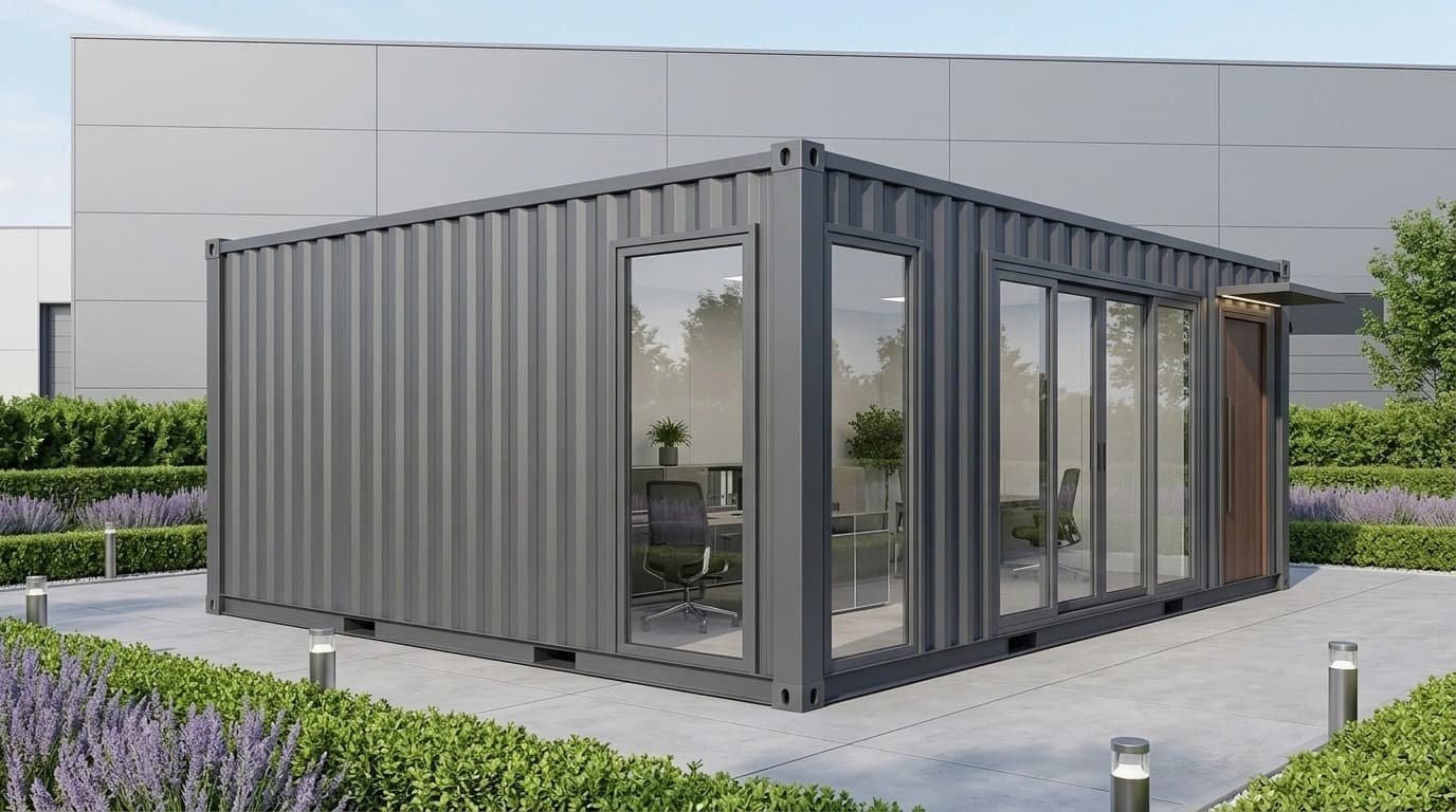 Corner view of a dark grey corrugated container office with tall glazed panels, glazed sliding doors and a timber-look door under a small canopy