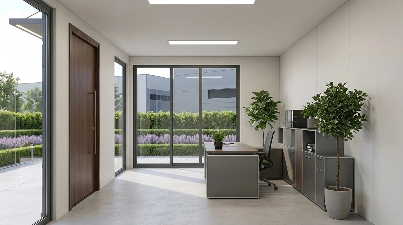 Office interior with white wall panels, recessed ceiling lights, a timber-look door, full-height glazing, a desk and grey storage units