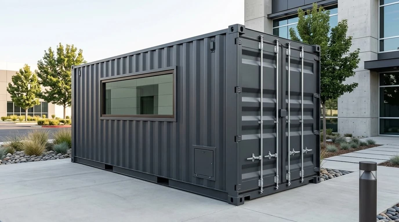 Dark grey steel shipping container at a three-quarter angle, with a wide side window, a small hatch and closed cargo doors with locking bars