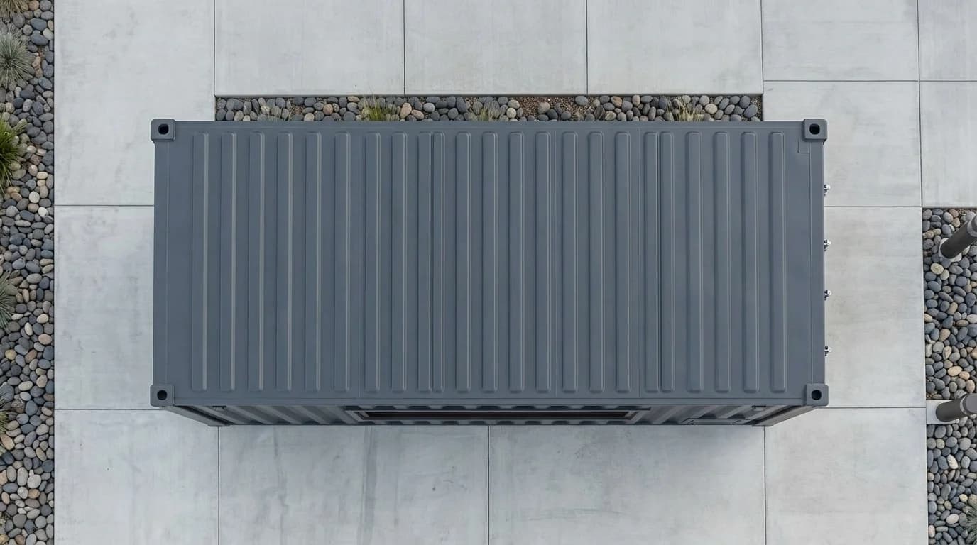 Aerial view of a dark grey shipping container roof showing its corrugated panels and four corner castings on concrete paving