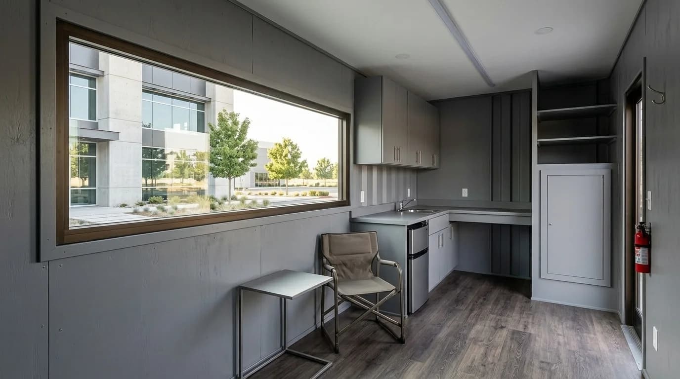 Fitted container interior with a wide window, grey wall cabinets, a sink counter, a small refrigerator, open shelves, a folding chair and a side table