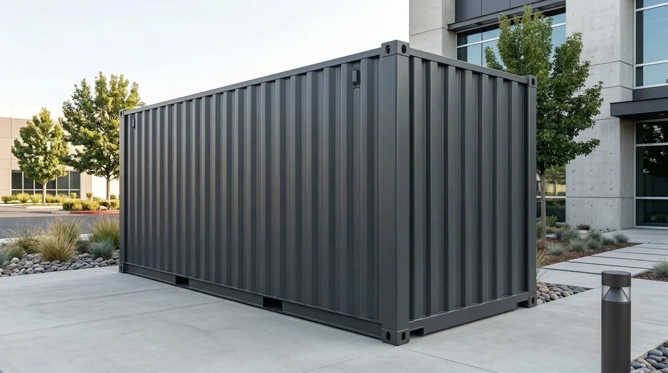 Plain dark grey steel shipping container at a three-quarter angle, with corrugated walls and no door or window on the visible sides