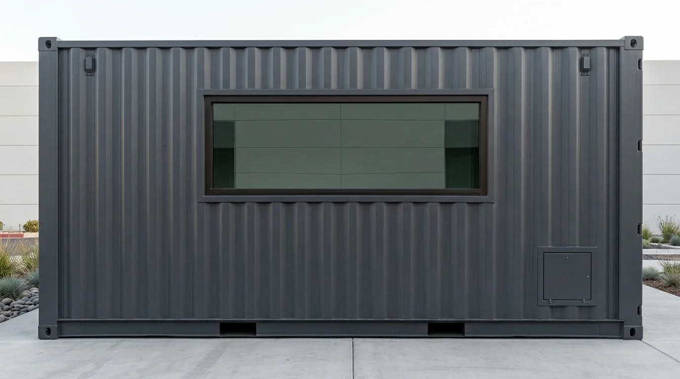Side elevation of a dark grey corrugated shipping container with a wide fixed window and a small hatch near one end