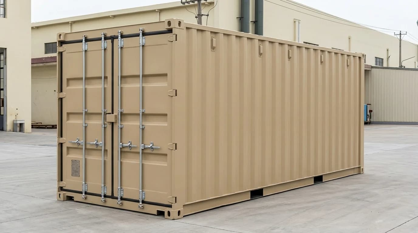 Sand-coloured corrugated steel cargo container at a three-quarter angle with its double cargo doors closed, on a concrete yard