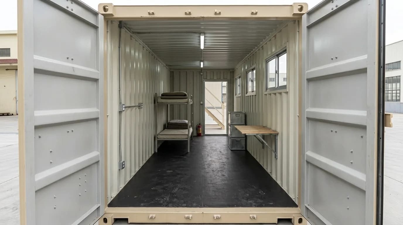 Open cargo doors of a container showing a fitted interior with a two-tier bunk, a fold-down table, storage boxes, side windows and tube lights