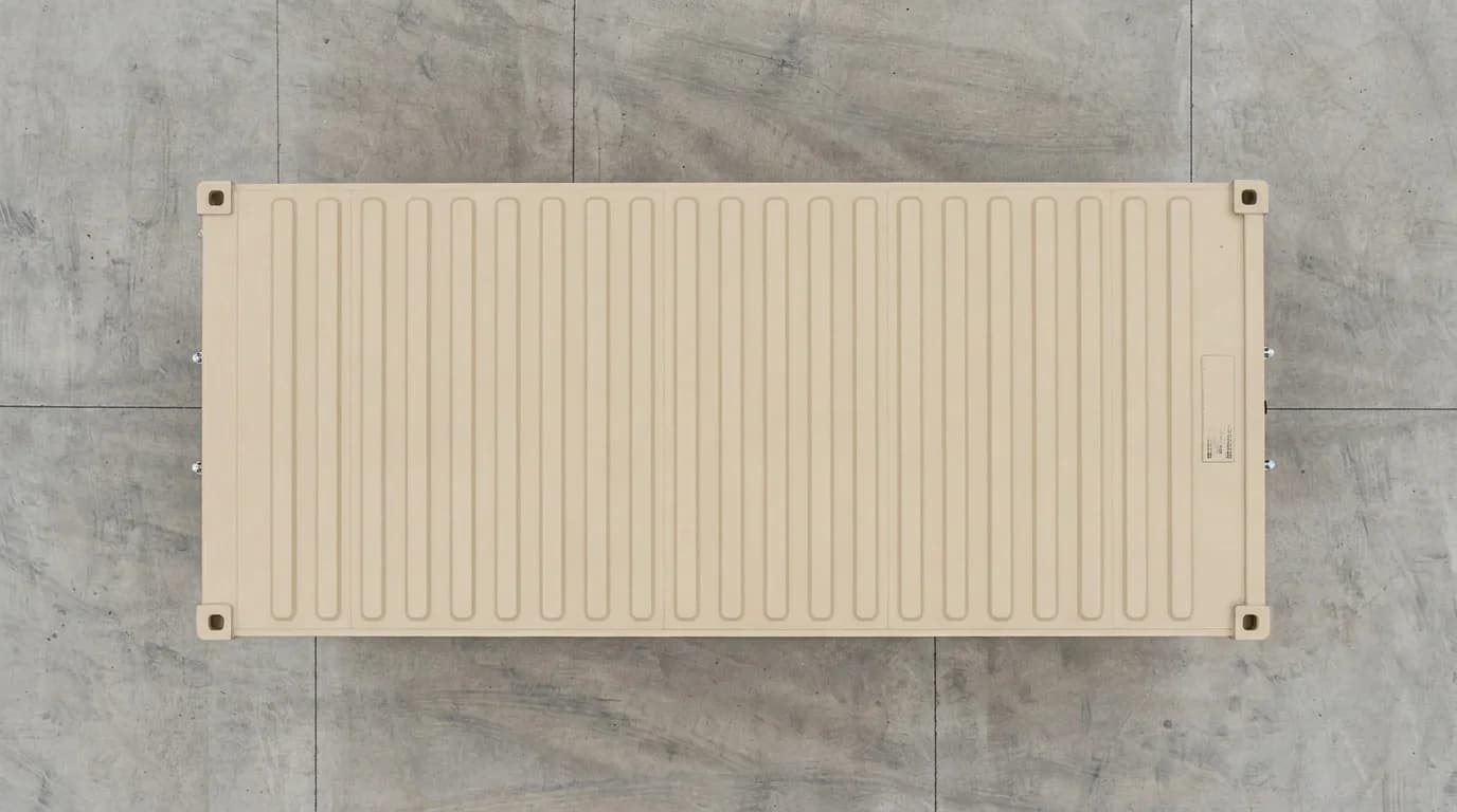 Top view of a sand-coloured cargo container showing its corrugated steel roof panels and a corner casting at each corner