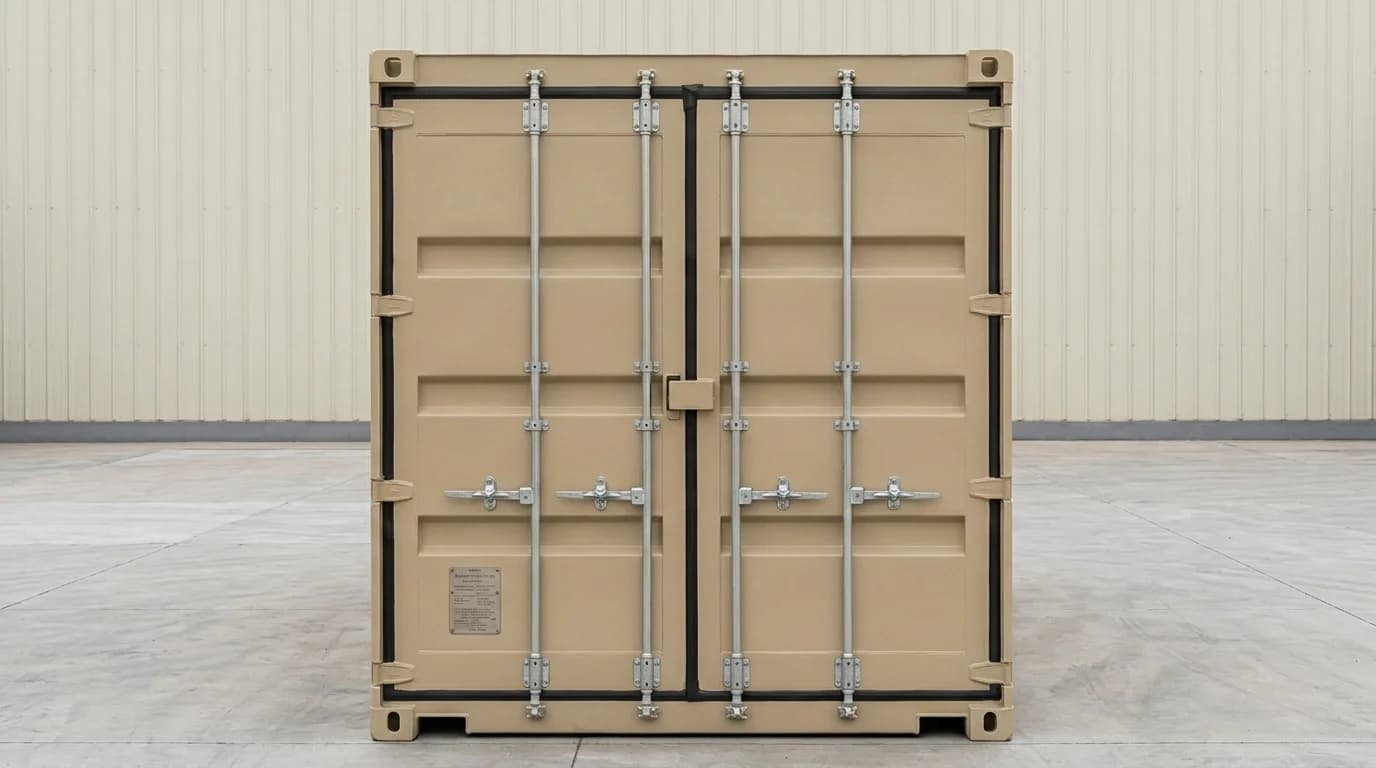 Door end of a sand-coloured steel container with both cargo doors closed, four vertical locking bars with handles and rubber door seals