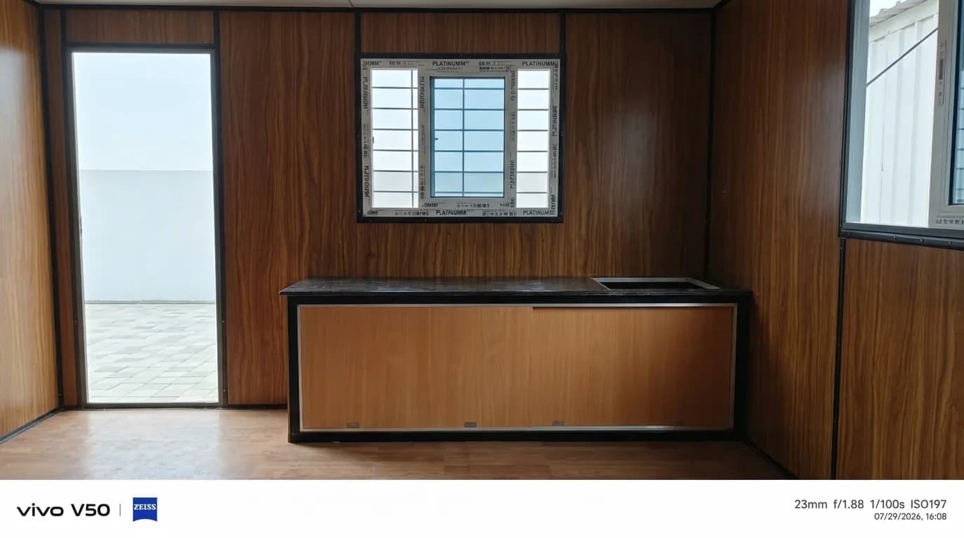 Portable Cafe Cabin interior counter with sink and window