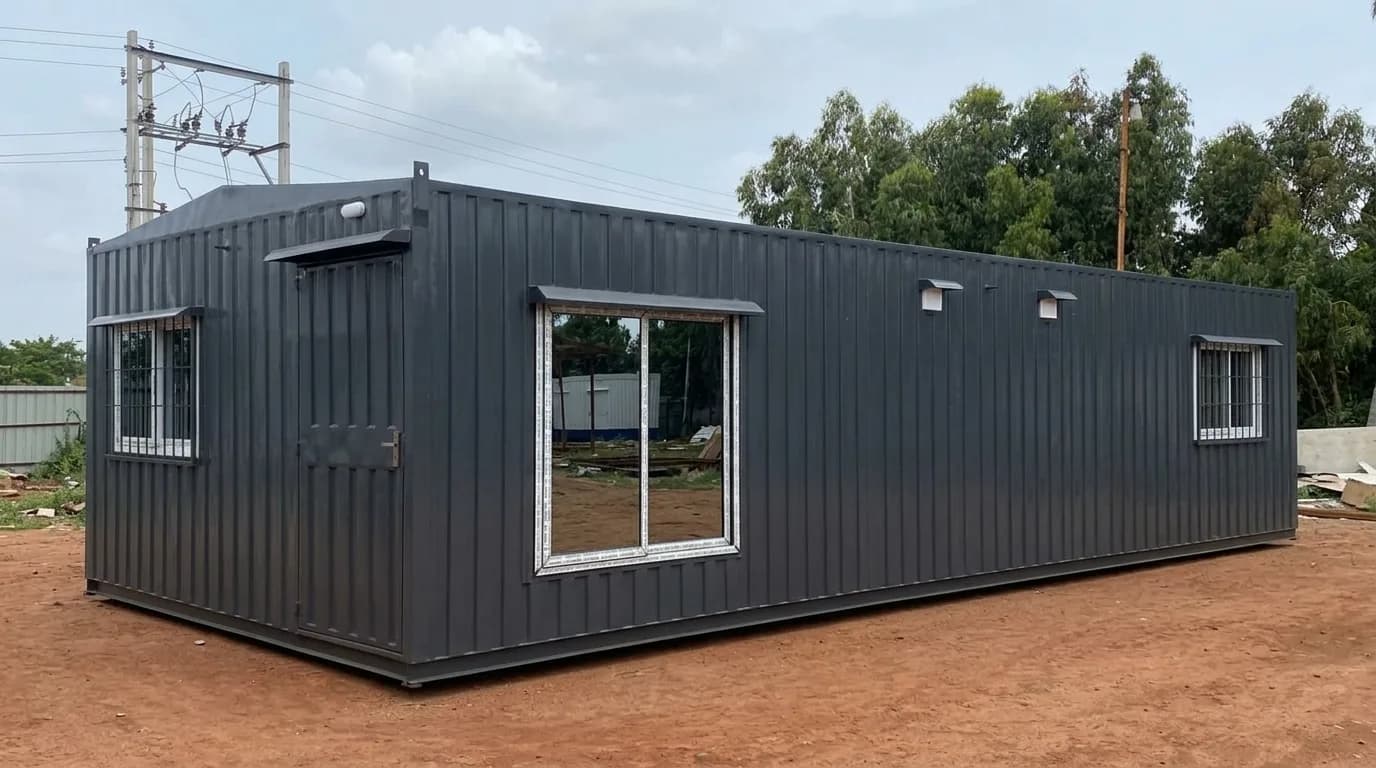 Actual Portable Farmhouse 30 by 12 by 8.5 feet — exterior with UPVC window, sliding windows and bulkhead-lit door