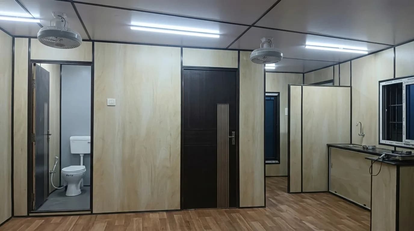 Actual Portable Farmhouse 30 by 12 by 8.5 feet — interior with partition door, attached toilet-cum-bath and L-type pantry