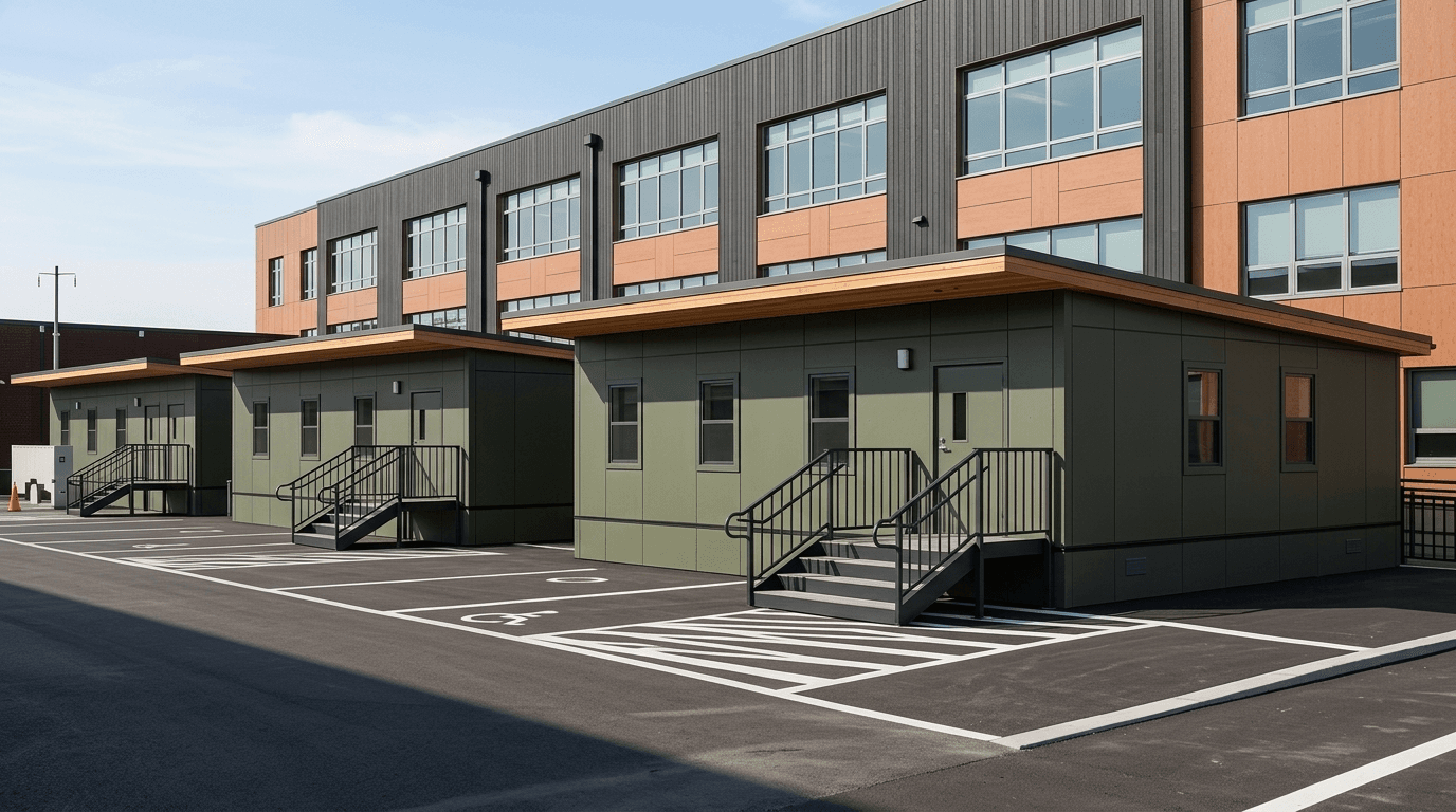 Modular school classroom block with corridor and verandah