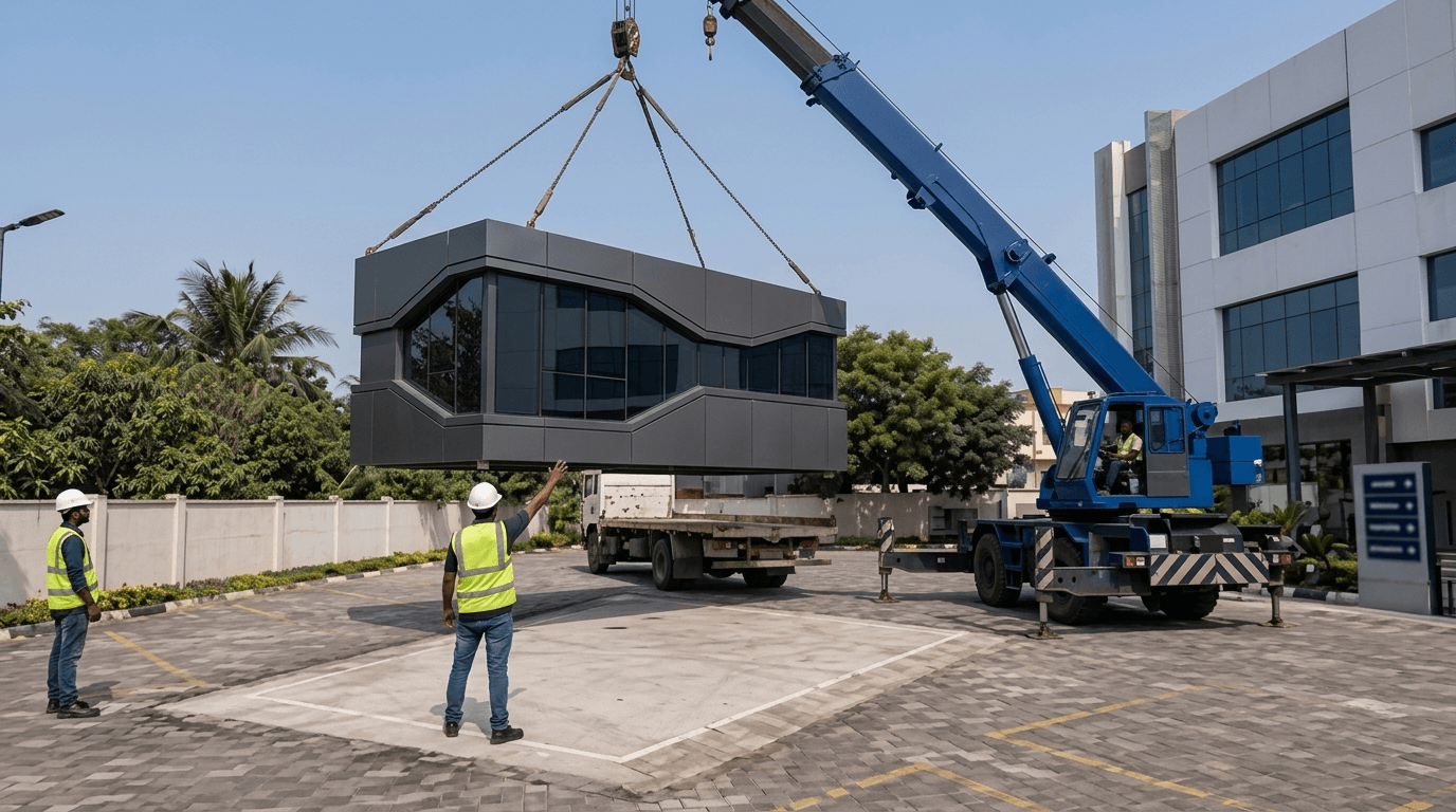 Modular building modules being craned into position at a project site in India