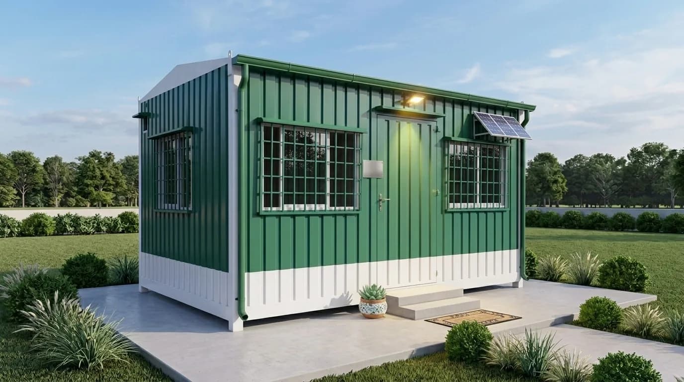 Porta cabin by Porta Cabin Systems â€” green and white portable cabin, three-quarter view showing the entrance door, grilled windows and roof-mounted solar panel