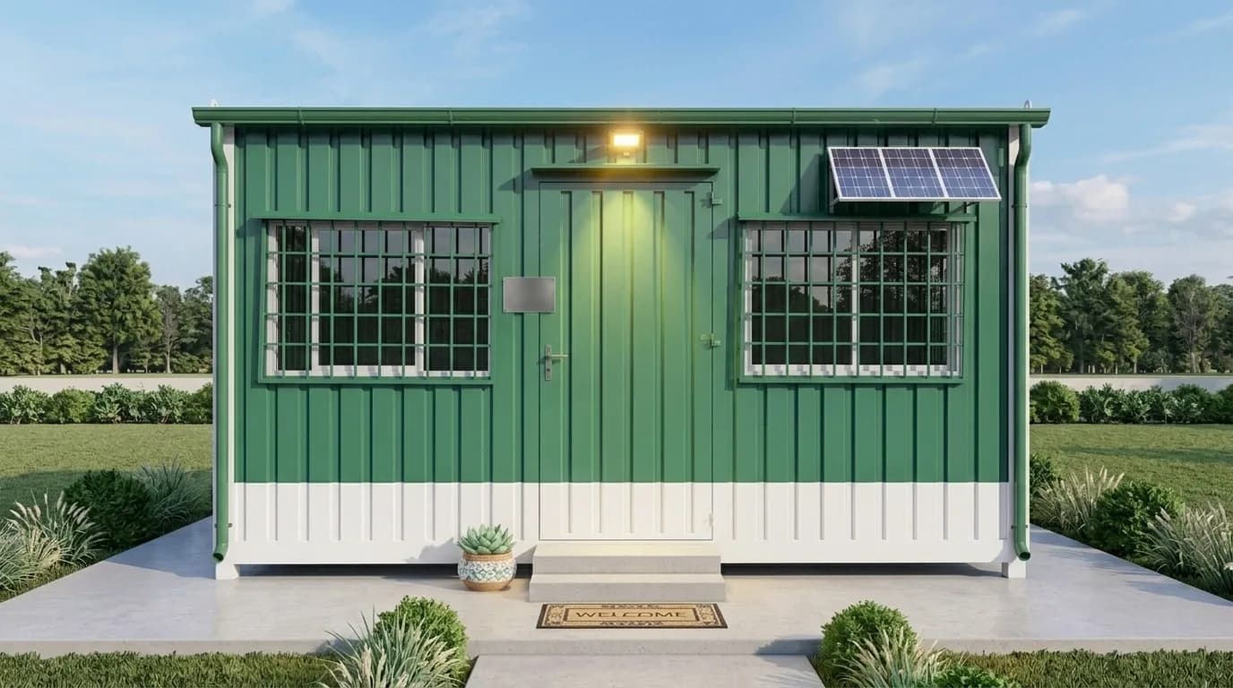 Porta cabin front elevation â€” green and white portable office cabin with two grilled windows, entrance door and solar panel