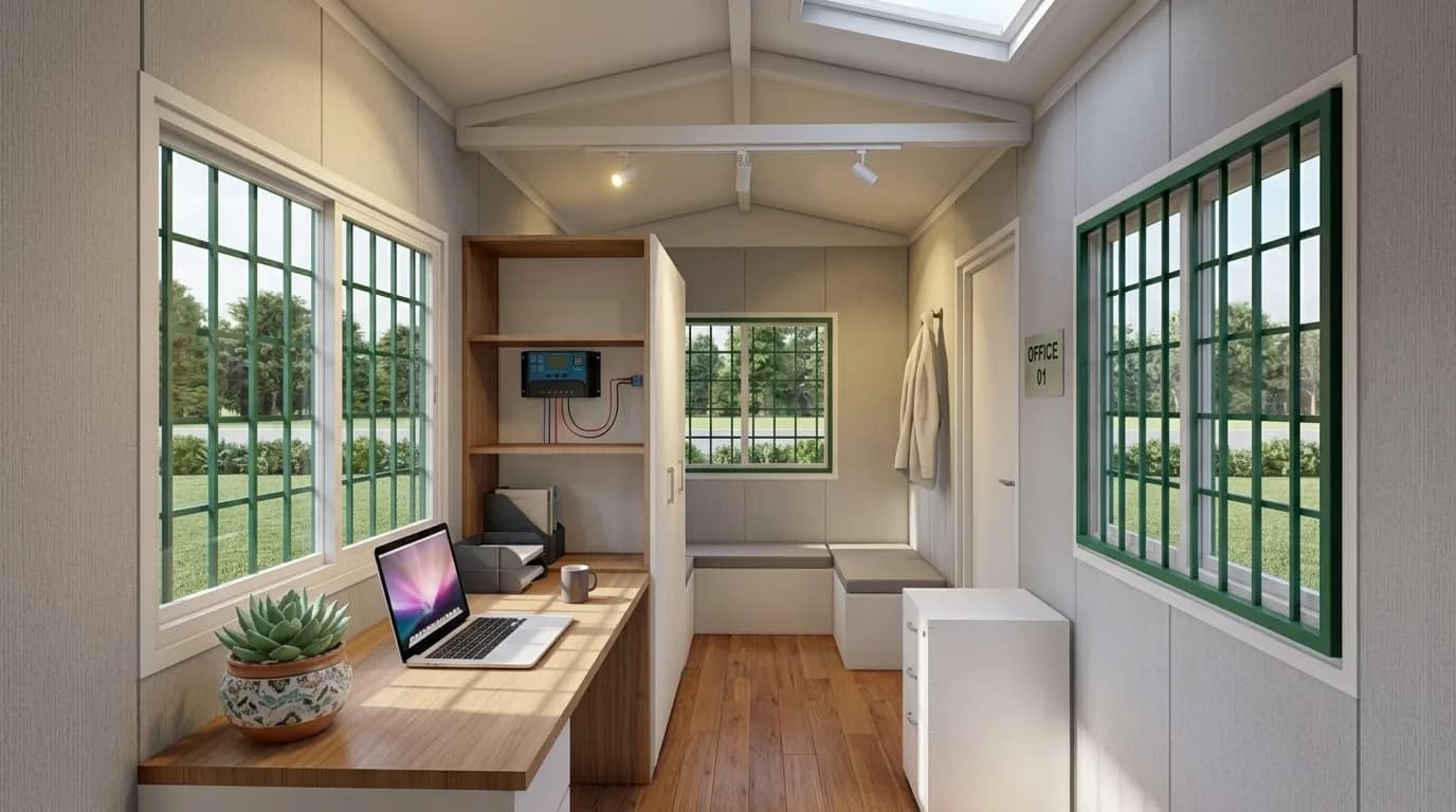 Porta cabin interior fitted as an office â€” desk, shelving, solar charge controller, bench seating and windows