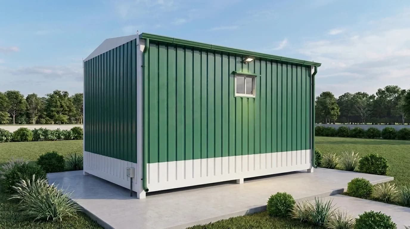 Porta cabin rear side â€” green and white portable cabin showing the windowless end wall and a side window