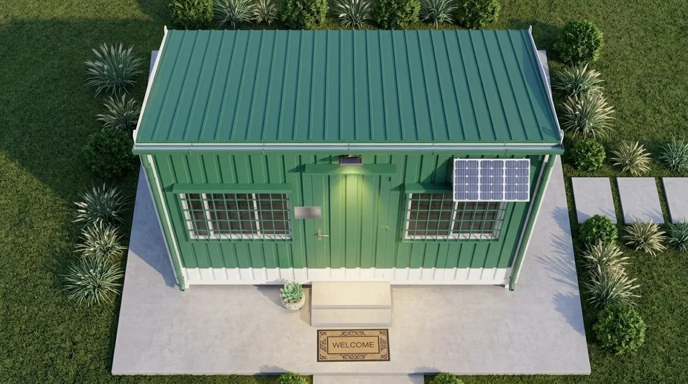 Porta cabin viewed from above â€” sloped green roof, roof-mounted solar panel and the entrance below