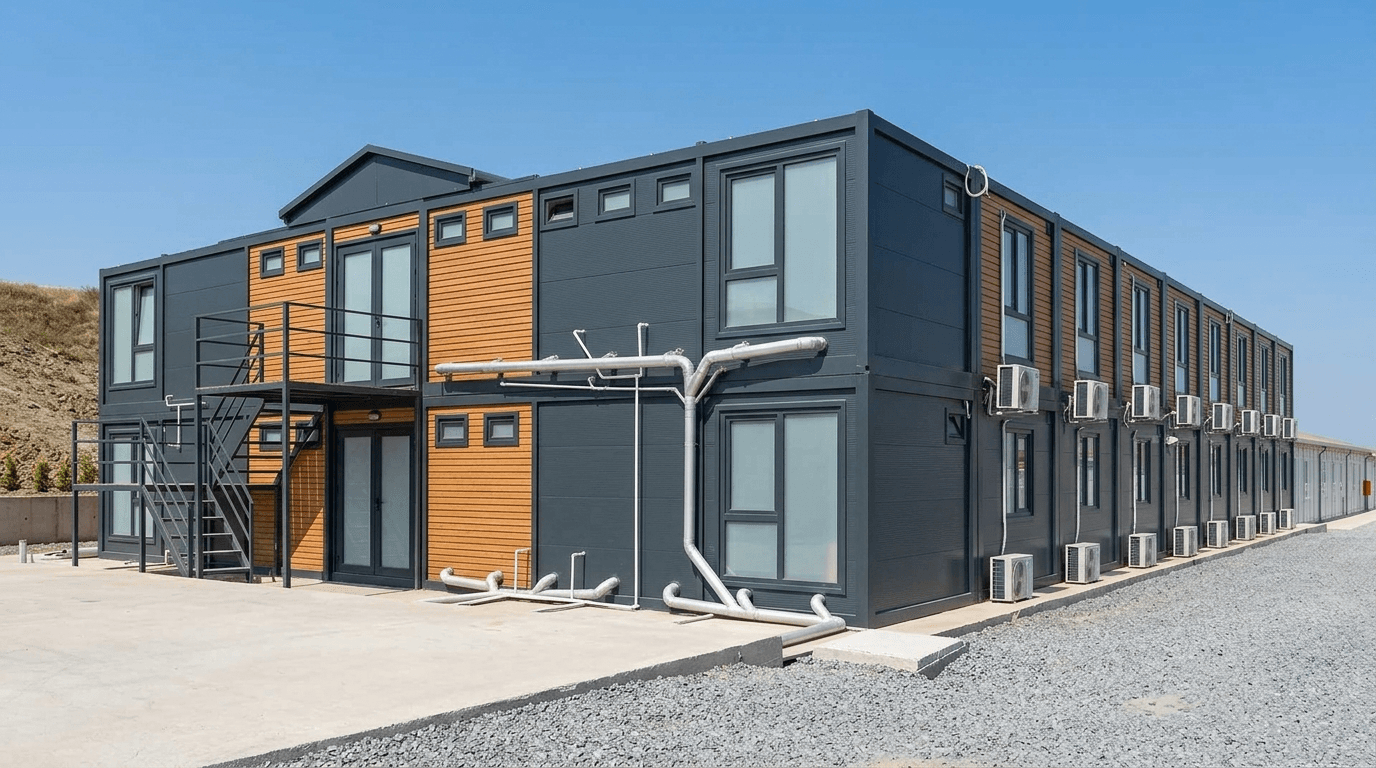 Prefab site camp with worker accommodation blocks at an infrastructure project