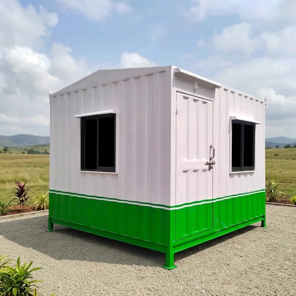 10 × 10 ft portable office cabin in white and green with a personnel door and two windows, by Porta Cabin Systems