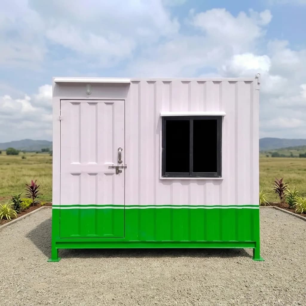 Front of the 10 × 10 ft portable office cabin showing the personnel door and window
