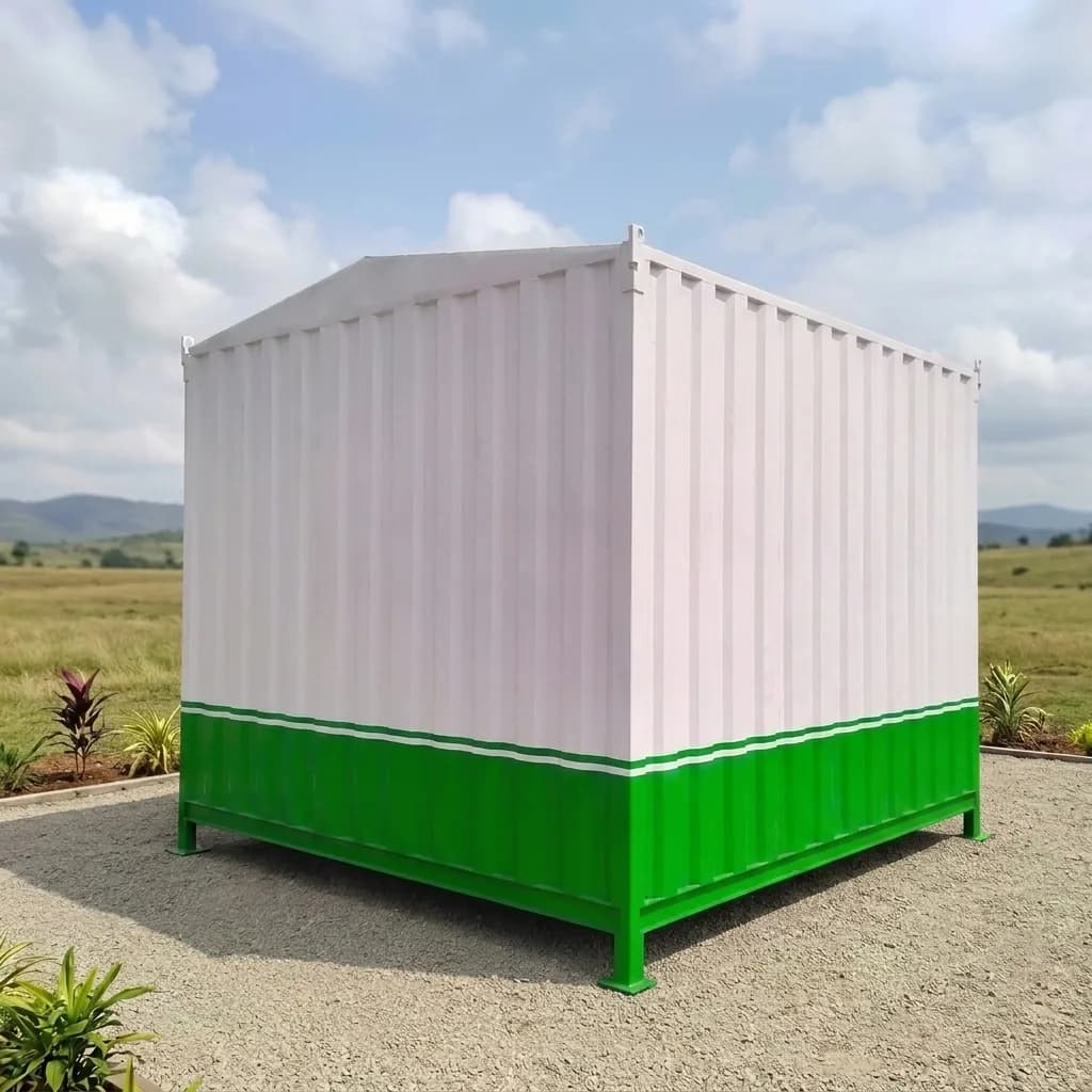 Rear of the 10 × 10 ft portable office cabin showing its gabled roof profile