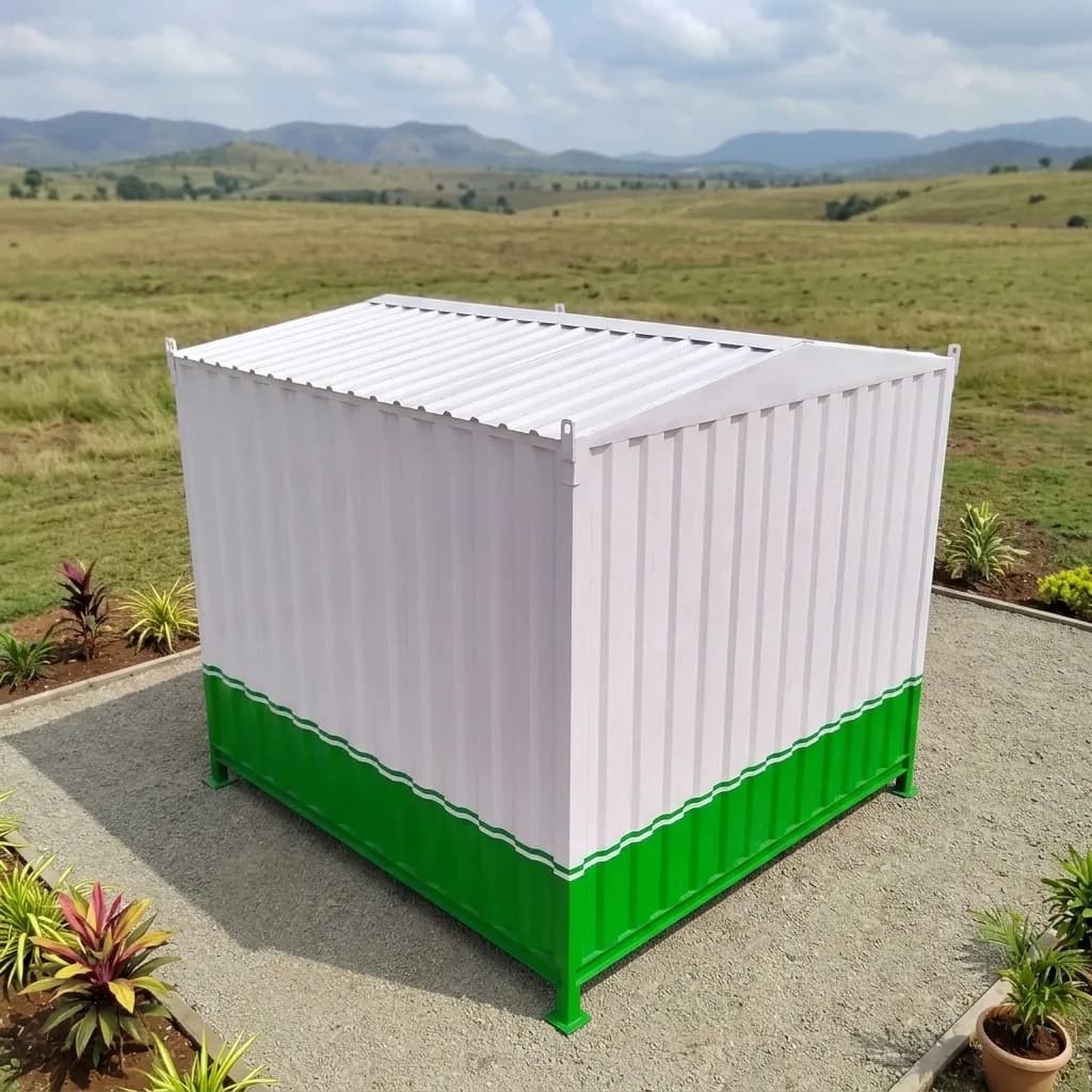 Aerial view of the 10 × 10 ft portable office cabin showing the roof and green base