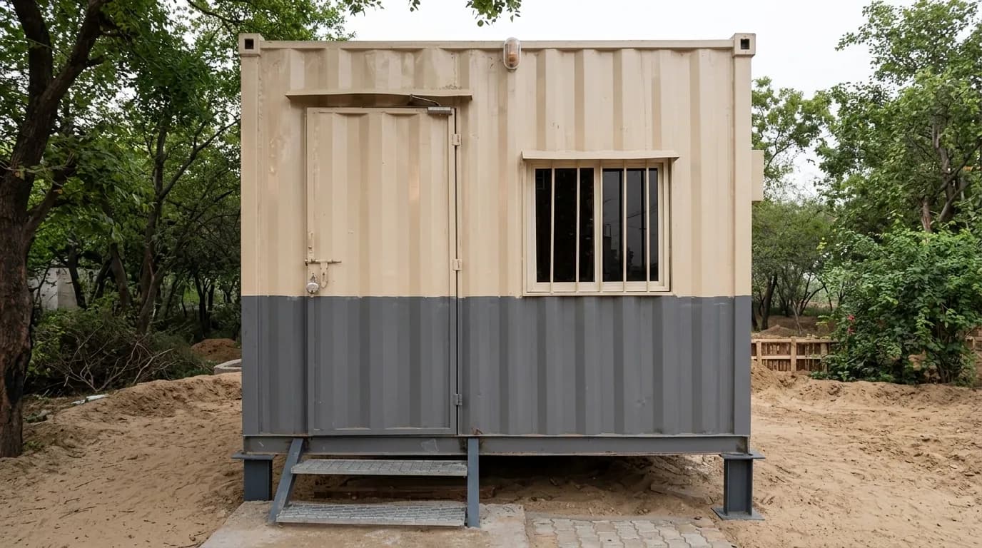 10 × 8 ft security cabin — front exterior with personnel door and grilled window, by Porta Cabin Systems