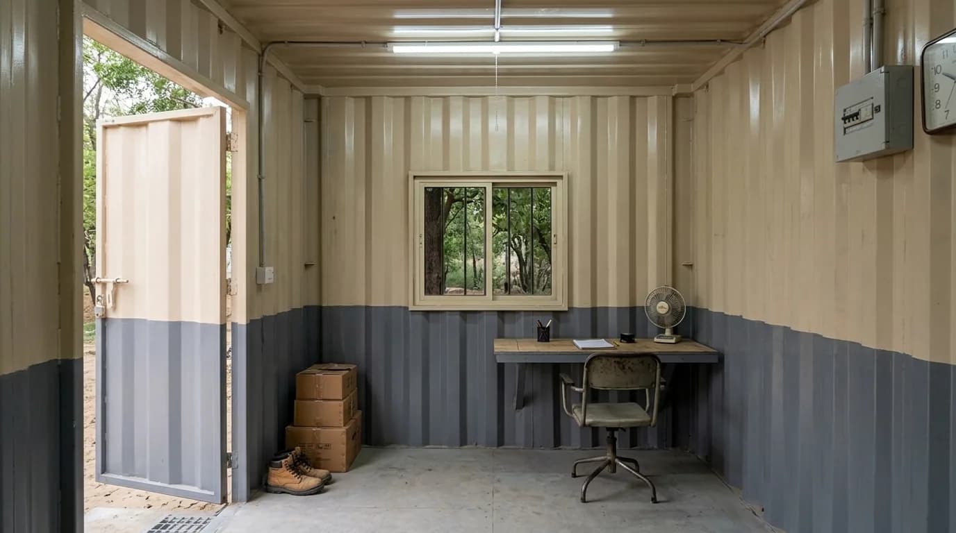 10 × 8 ft security cabin — interior with desk and window, by Porta Cabin Systems