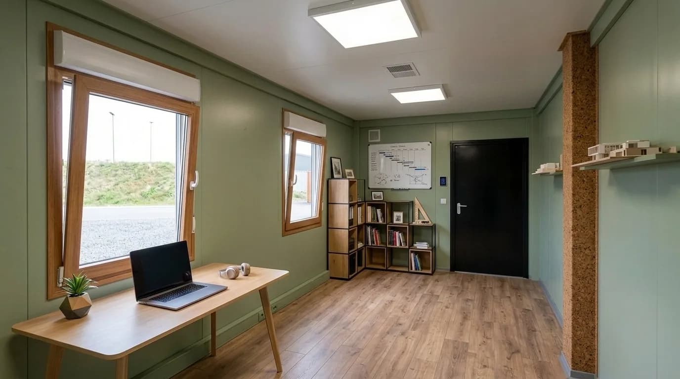 20 ft container office — furnished interior with desk, shelving and windows, by Porta Cabin Systems