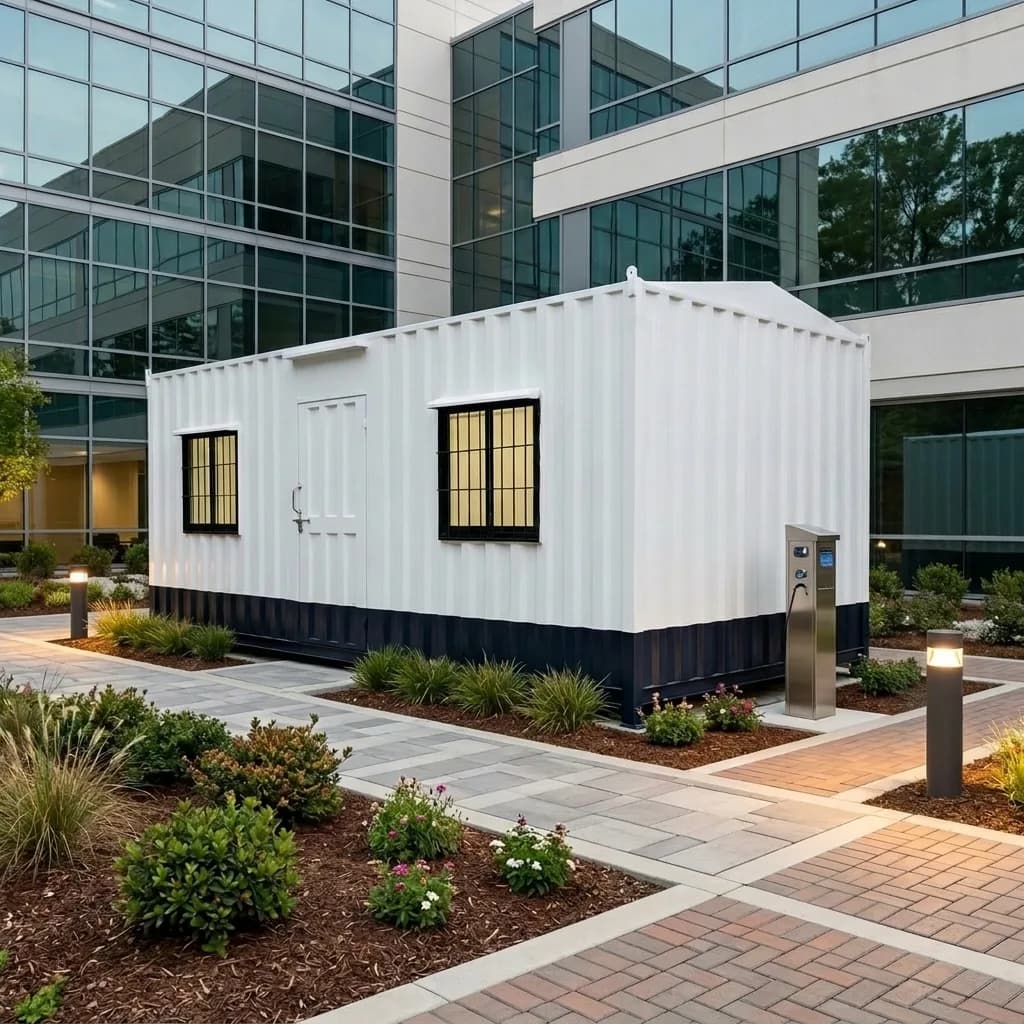 20 × 10 ft portable office cabin in white with a navy base, a personnel door and two windows, by Porta Cabin Systems