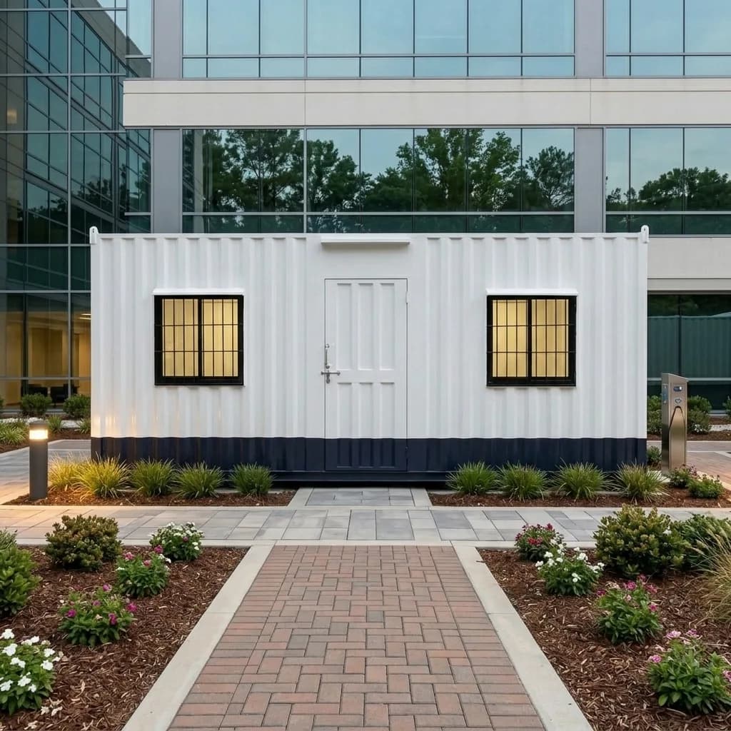 Front of the 20 × 10 ft portable office cabin showing the personnel door and two windows