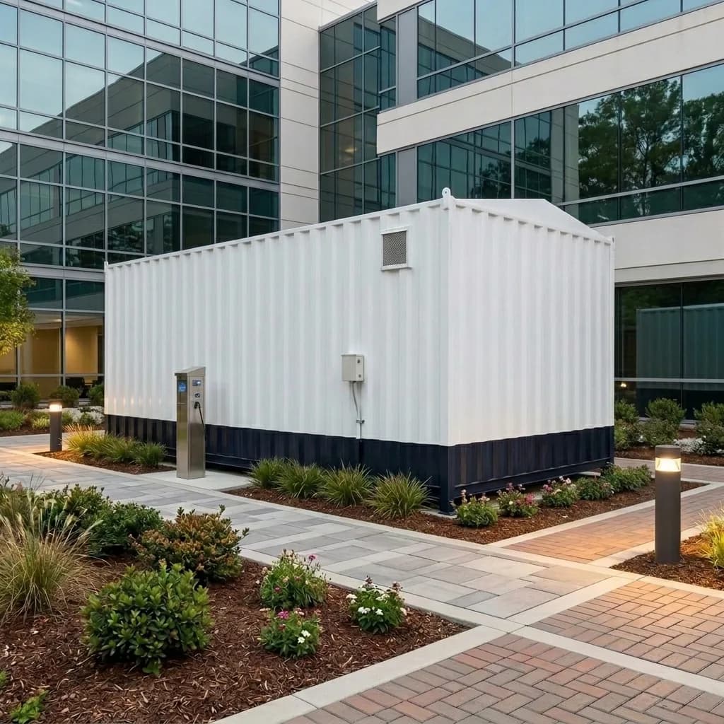 Rear of the 20 × 10 ft portable office cabin with a wall vent and electrical box
