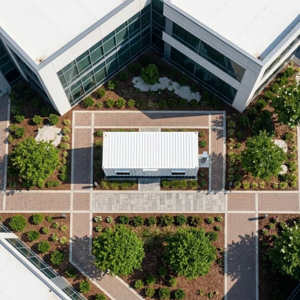 Aerial view of the 20 × 10 ft portable office cabin in a landscaped courtyard