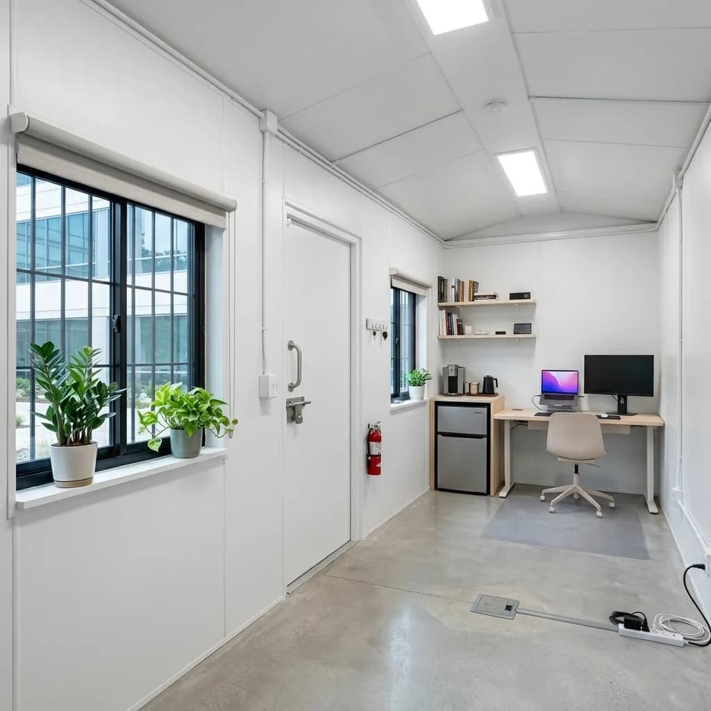 Interior of the 20 × 10 ft portable office cabin fitted with a desk, chair, mini-fridge and coffee station