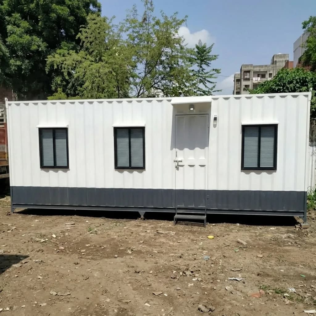 Front of the 30 × 10 ft portable site office with a central door and three windows