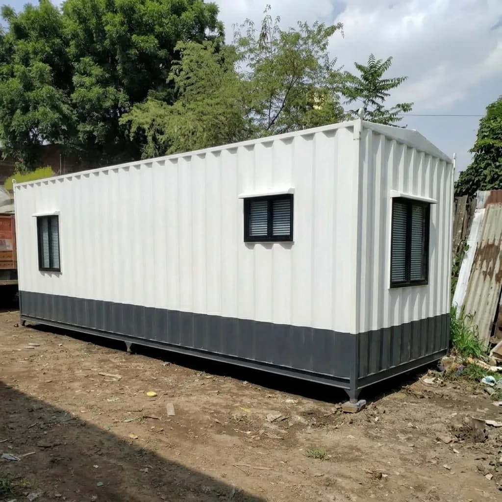 Angled side view of the 30 × 10 ft portable site office showing its full length