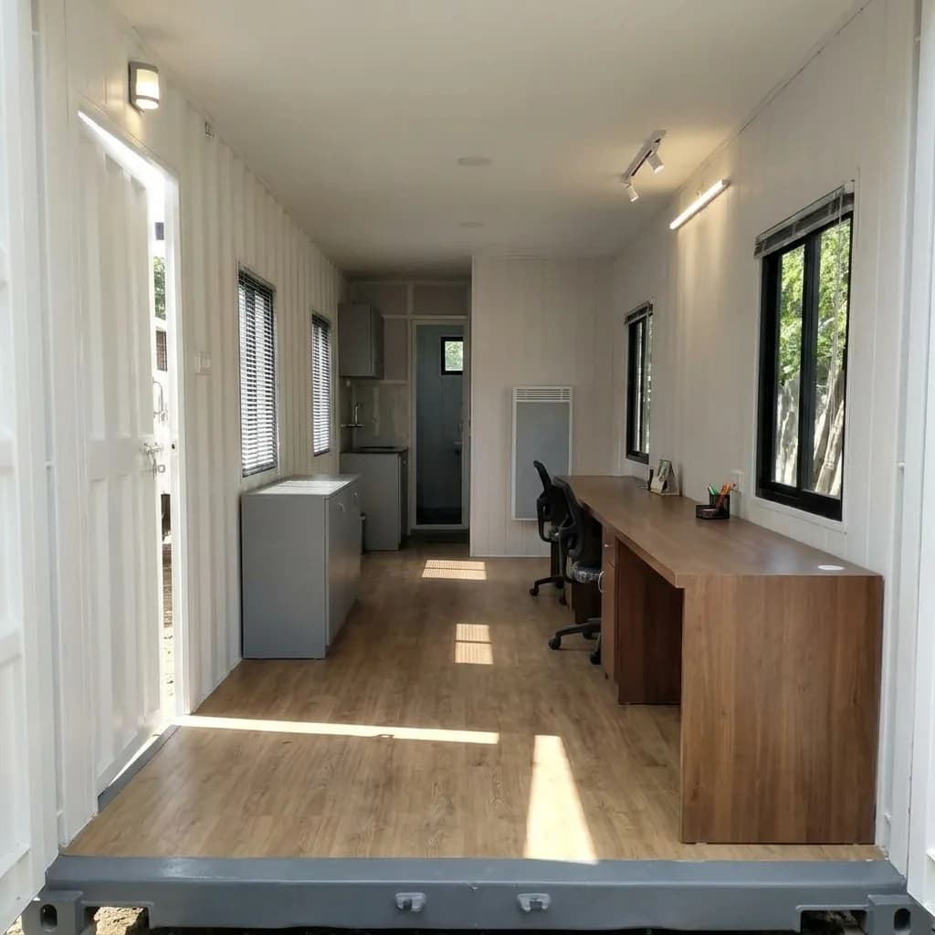 Interior of the 30 × 10 ft portable site office with a long desk, office chairs, pantry counter and wall-mounted AC
