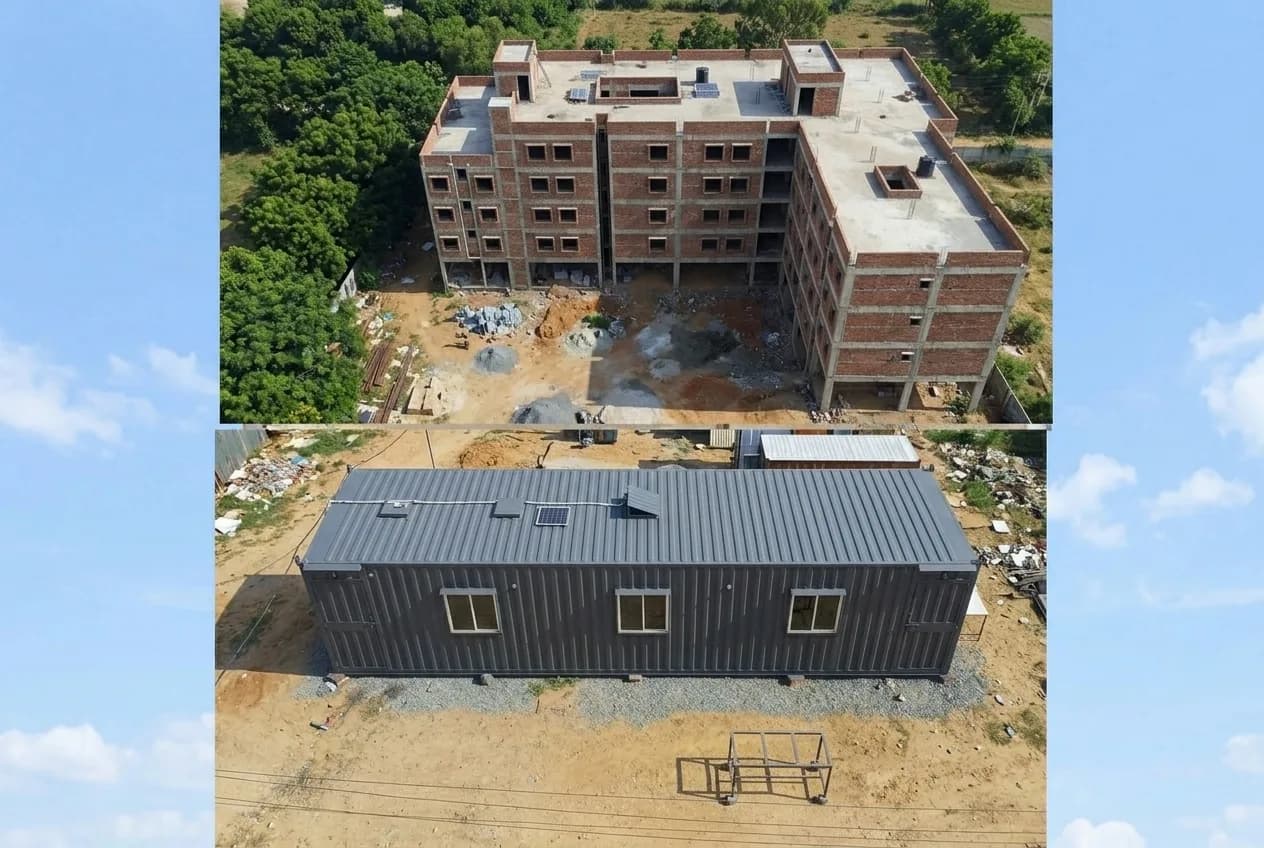 Aerial view of the 40 × 10 ft portable site office on a construction project site