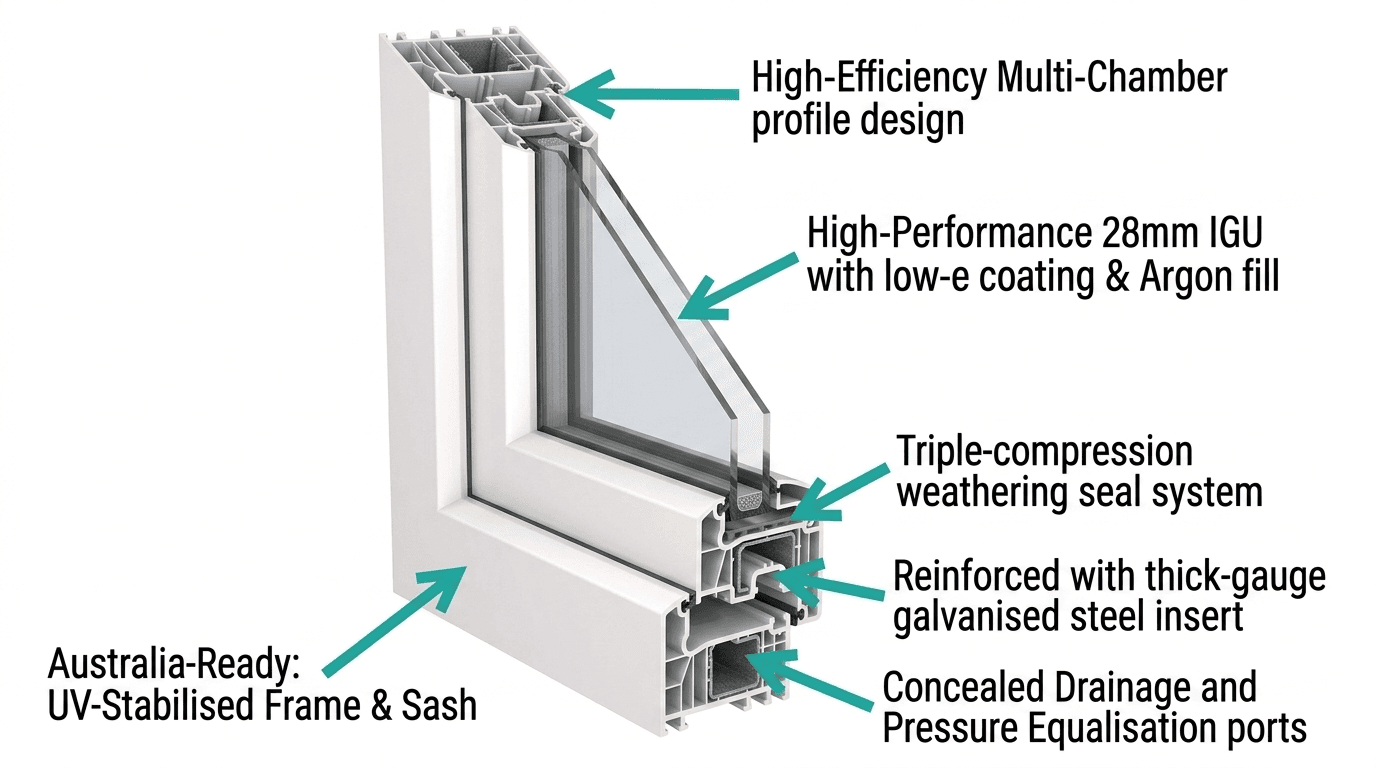 Double-glazed uPVC casement window cross-section showing steel reinforcement