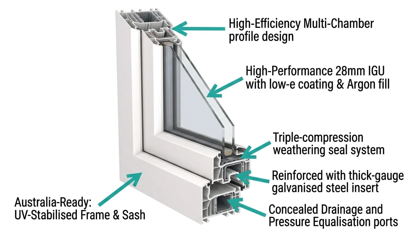 Double-glazed uPVC casement window cross-section showing steel reinforcement