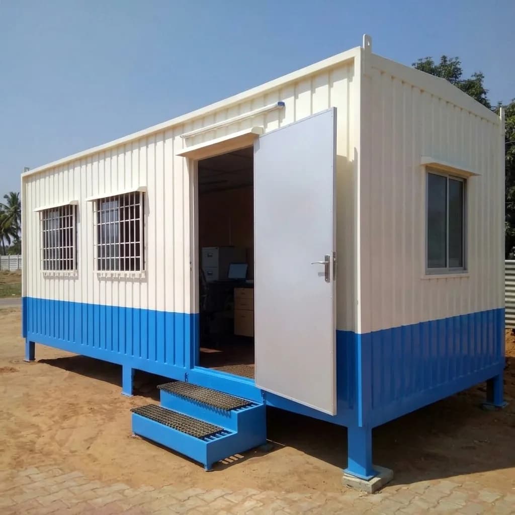 Portable office cabin on rent — blue and white 20 ft container office with steel steps and open door