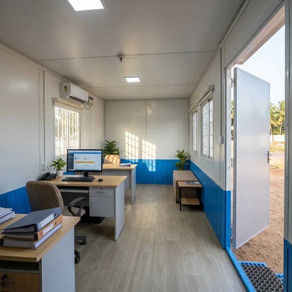 Furnished interior of the rental office cabin with desk, air conditioner and vinyl flooring
