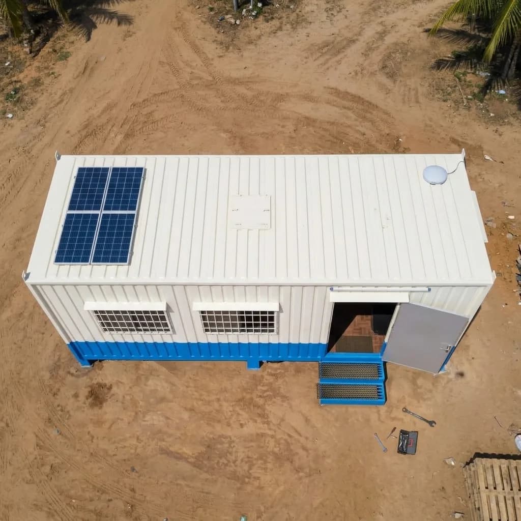Aerial view of the rental container office cabin with rooftop solar panel