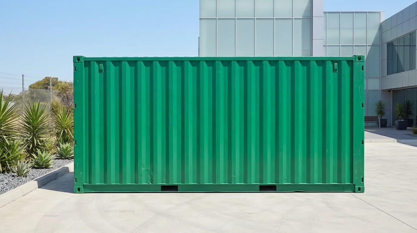 Side view of a green 20 ft cargo container