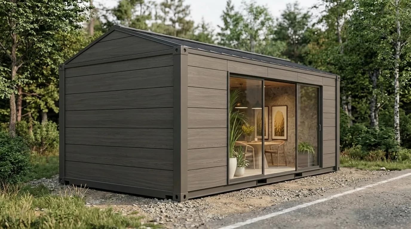Container Café — angled exterior view showing the wood-look cladding, standing-seam metal roof and glass front — Porta Cabin Systems
