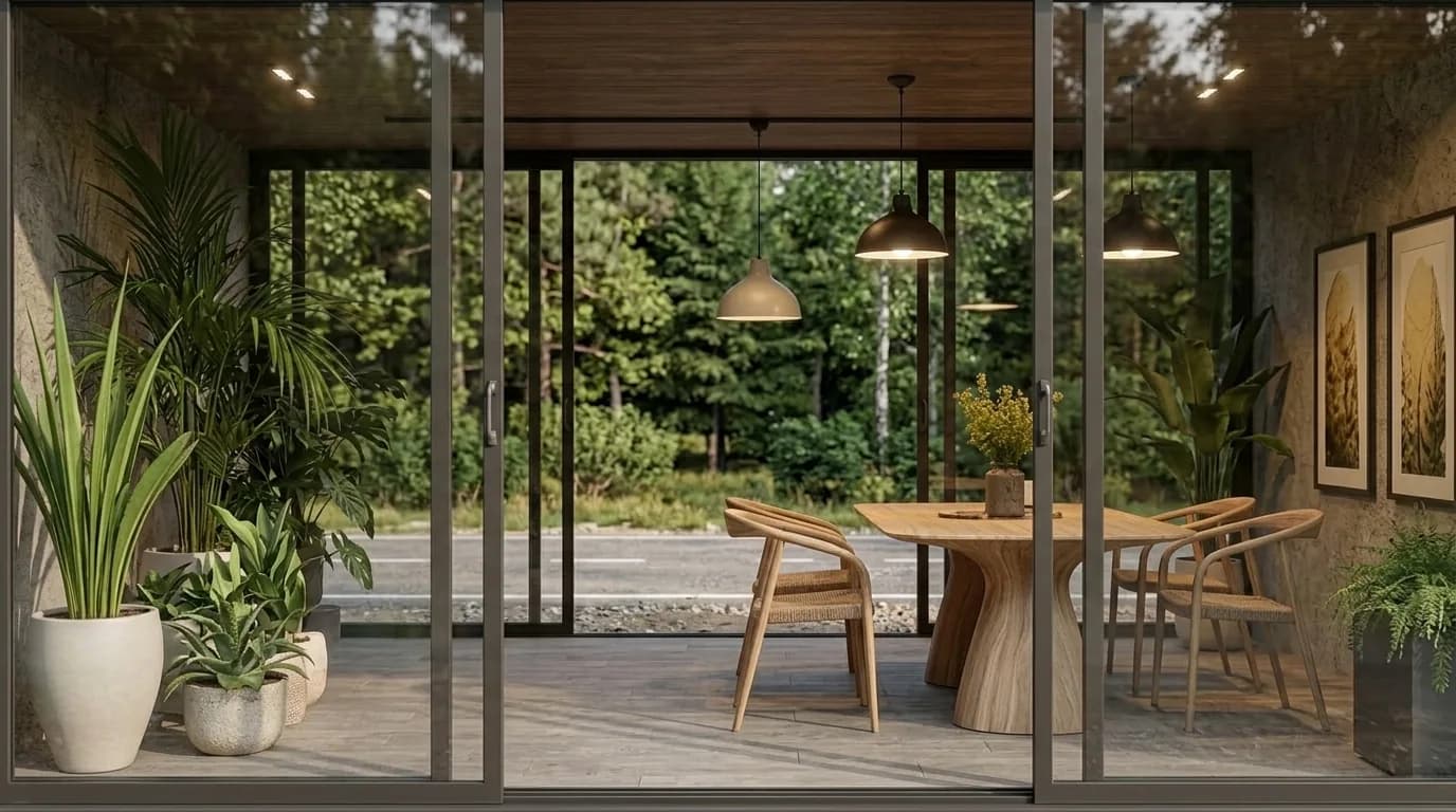 Container Café — close view of the finished interior with dining seating, seen through the glass front — Porta Cabin Systems