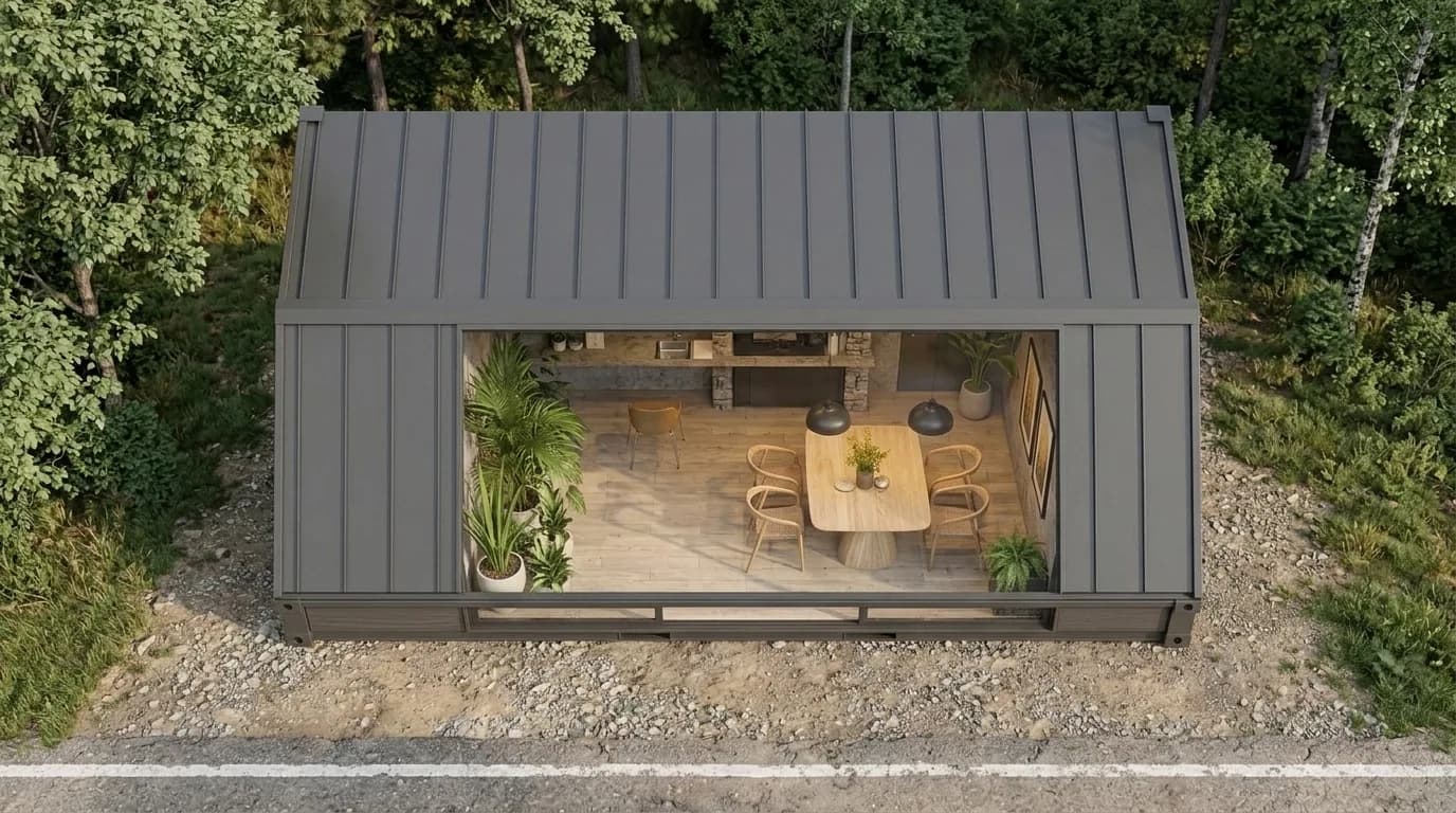 Container Café — elevated view showing the roof and the interior layout through the glass front — Porta Cabin Systems