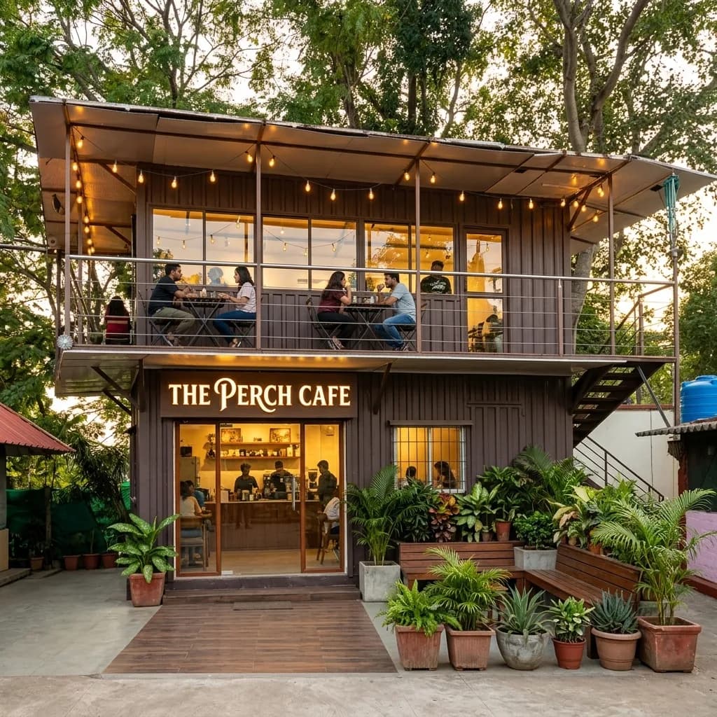 Front elevation of the double-storey container cafe with ground-floor counter and string-lit upper balcony dining